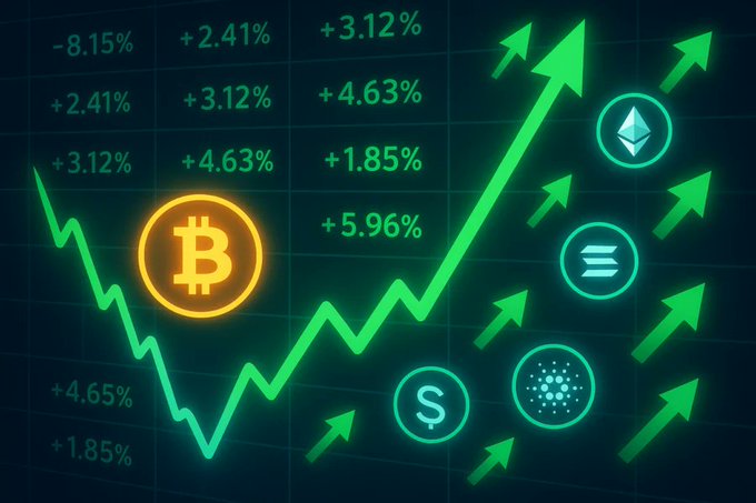 A digital graphic showing cryptocurrency price increases with green upward arrows, displaying a Bitcoin logo and other crypto symbols (Solana, etc.) with various percentage increases like +5.96%, +4.63%, and +3.12%.