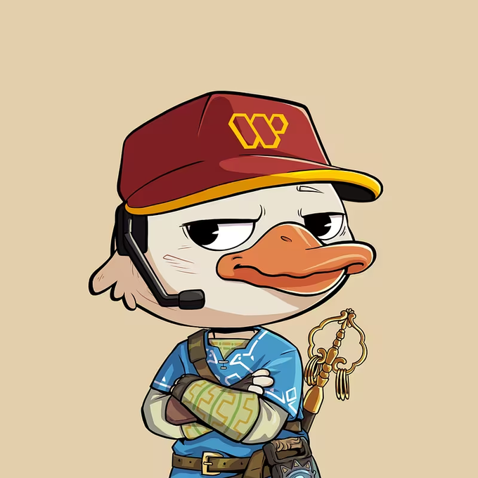 A cartoon duck character wearing a red cap with a yellow 'W' logo, blue tunic, and a headset, holding a staff with arms crossed.