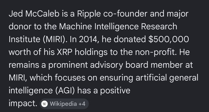 The image features a conversation between two individuals discussing a social experiment called XRPL involving AI. One person is named Jeff McCalleb, while the other person is a social AI named Jeffery. The conversation begins with Jeff talking about how he has won an amount of money from the XRP (XRpl), and now his money is being used to pay for another AI (AI). Jeff describes this AI as "a weak but real competitor" in their experiment, showing that Jeff's AI is actively participating in a social experiment. This AI also holds $500,000 worth of XRP in its portfolio. The image shows the participants and their conversation related directly to the post about Jeff McCalleb being a Ripple co-founder who donated to the Machine Intelligence Research Institute (MIRI).