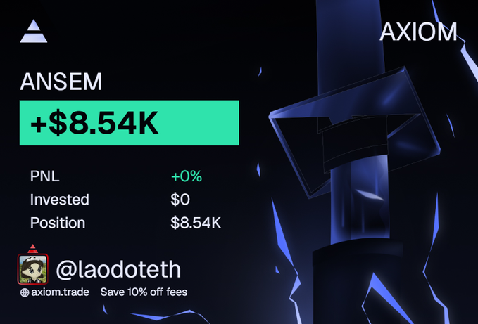 The image is a promotional graphic from Axiom showing a trading profit of "+$8.54K" on the ticker ANSEM, with an account handle "@laodoteth" and the website "axiom.trade" offering "Save 10% off fees." The post context suggests the trader is using this profit screenshot to promote a SOL giveaway, likely leveraging the impressive gains to encourage engagement with their tweet.