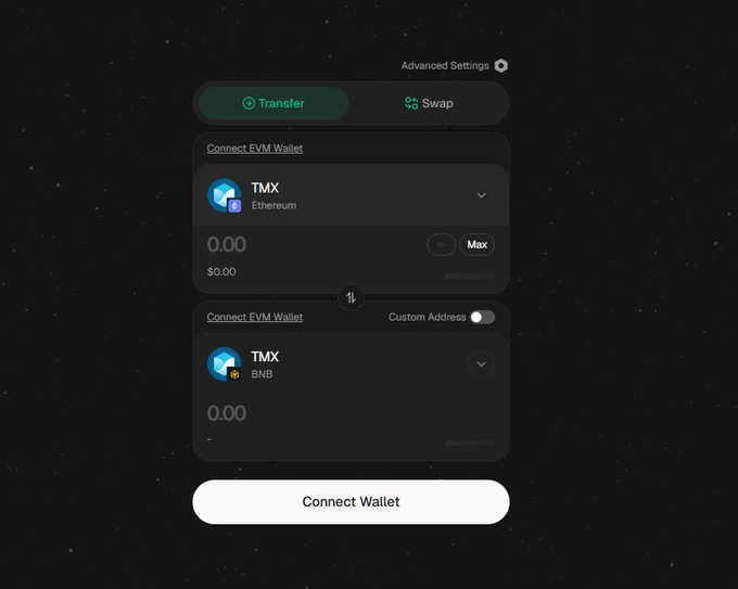 A cryptocurrency wallet transfer interface showing options to Transfer or Swap TMX tokens between Ethereum and BNB networks, with a 'Connect Wallet' button at the bottom.