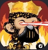 A cartoon chibi-style character wearing a headband labeled 'Aura 8' appears to fire red laser beams from their eyes.