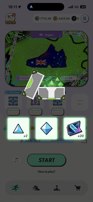 The image shows a screenshot from the STEPN app displaying the opening of Mystery Box #4 (MB4) loot boxes, revealing rewards of 2 blue gems, 1 blue gem, and 20 Sneaker Gems. This visual confirms the post's discussion about MB4 boost yields, as the user is sharing their loot results which included low gem counts, aligning with their experience of small or zero rewards from 0.2-0.4 boosts.