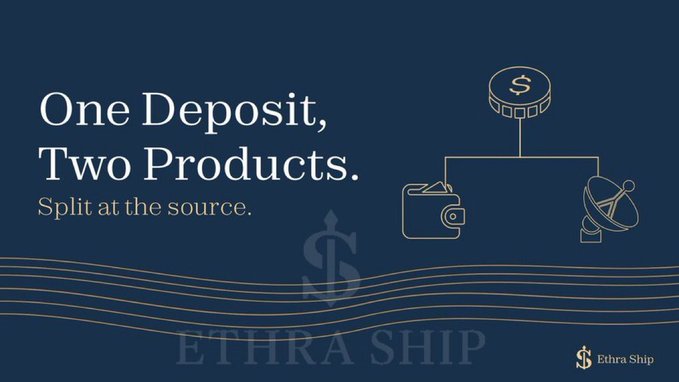 A dark navy promotional graphic for Ethra Ship featuring the headline "One Deposit, Two Products. Split at the source." alongside an illustration of a single coin splitting into two icons representing a wallet and a satellite dish, visually reinforcing the concept of dividing one deposit into two yield-generating streams.