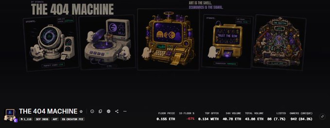 The image displays a collection titled "THE 404 MACHINE" featuring five futuristic, machine-themed NFT artworks with cyberpunk aesthetics, including arcade-like screens and robotic designs. The post promotes minting this collection at 0.04444 ETH via otomate.fun/mint, with an Opensea link, listing details like a 0.155 ETH floor price, 8 owners, and 7.7% listed.