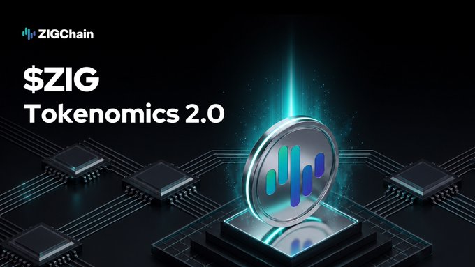 Promotional graphic for ZIGChain announcing '$ZIG Tokenomics 2.0' featuring a 3D coin with sound wave design displayed on a chip against a dark, tech-themed background.