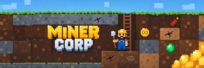 A pixel-art promotional banner featuring the text "MINER CORP" alongside a miner character with a pickaxe, golden coin, TNT, emerald, and skull against a blocky underground setting. The image ties into the giveaway post by advertising the Miner Corp project as the prize being raffled to followers.