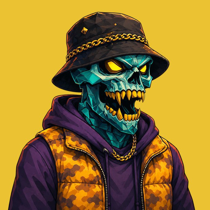 A stylized illustration of a teal skeletal figure wearing a black bucket hat with a gold chain, purple hoodie, and yellow camouflage vest against a yellow background.