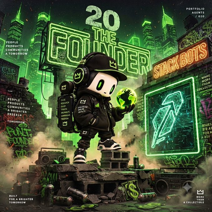 A vibrant cyberpunk-style digital artwork featuring a small robot character wearing a black cap and backpack holding a glowing green orb, surrounded by neon green signage reading '20 THE FOUNDER' and 'STACK BOTS', with text including 'PORTFOLIO AGENTS / 020', 'PEOPLE PRODUCTS COMMUNITIES A BRIGHTER TOMORROW', and 'BUILT FOR A BRIGHTER TOMORROW'.
