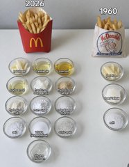 A comparison image contrasting McDonald's french fry portions between '2026' (left, with a standard McDonald's carton and numerous metallic discs/tokens scattered below) and '1960' (right, with an older-style carton and fewer metallic discs).