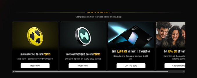 The image features a website called @useTria, which provides information about trading strategies for cryptocurrency. The website's main focus is on the trading model with multiple options presented below an advertisement. The advertisement showcases various coins and offers promotions or rewards to entice customers into exploring these new releases in-game.