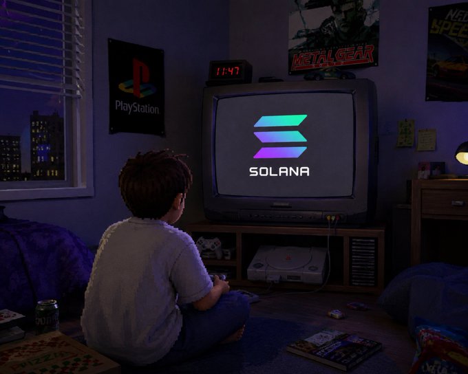 A young boy sits on the floor of a dimly lit bedroom at night, watching the Solana logo (with its distinctive green-to-purple gradient emblem) displayed on an old CRT TV, with a PlayStation poster and Metal Gear artwork on the walls reinforcing the nostalgic "Believe in Solana" crypto theme.