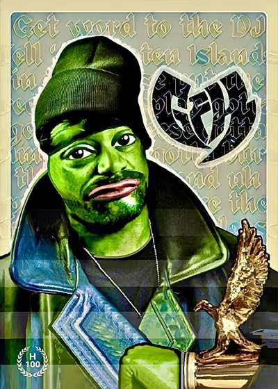 A stylized green-toned portrait of a man wearing a cap and denim jacket, holding a golden eagle statue, with the text 'Get tward to the Id ell terra Island' and an 'H 100' award logo.
