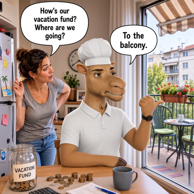 A humorous meme showing a woman asking "How's our vacation fund? Where are we going?" while a camel-headed chef responds "To the balcony." next to a jar labeled "VACATION FUND".