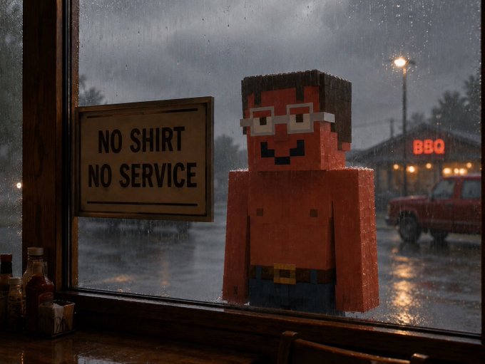 A Minecraft-style blocky character stands shirtless behind a rainy diner window next to a 'NO SHIRT NO SERVICE' sign.