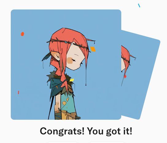 An anime-style NFT artwork featuring a red-haired character with closed eyes and a serene expression, displayed on overlapping blue card backgrounds with confetti accents. The text "Congrats! You got it!" appears below the illustration, celebrating the acquisition of a Wasteland Rabbit Hole NFT collection piece.