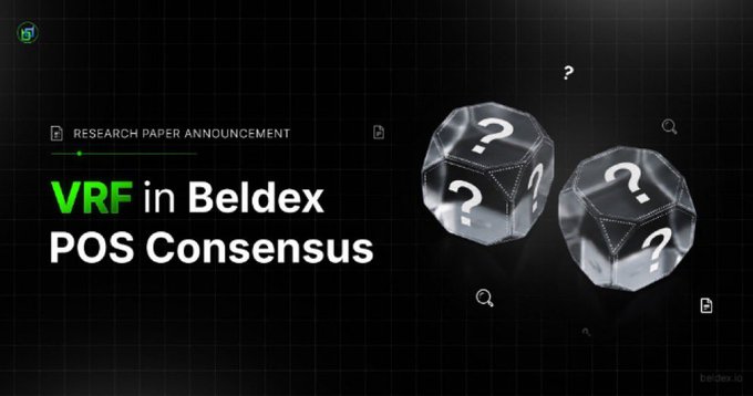 A dark promotional graphic titled 'RESEARCH PAPER ANNOUNCEMENT: VRF in Beldex POS Consensus' featuring translucent icosahedral dice with question marks.