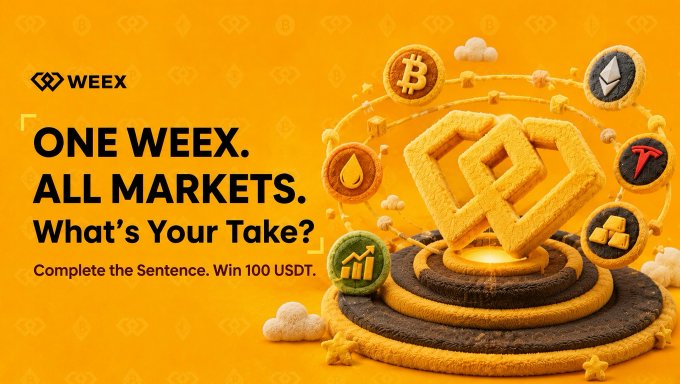 A WEEX promotional banner with a bright orange background featuring a plush-style golden WEEX logo on a circular platform, surrounded by coin icons representing crypto and traditional assets (Bitcoin, Ethereum, TRON, and others). The bold text reads "ONE WEEK. ALL MARKETS. What's Your Take? Complete the Sentence, Win 100 USDT," promoting a contest where participants complete the phrase "One WEEX. ______" for a chance to win from a 100 USDT prize pool split among 20 winners.