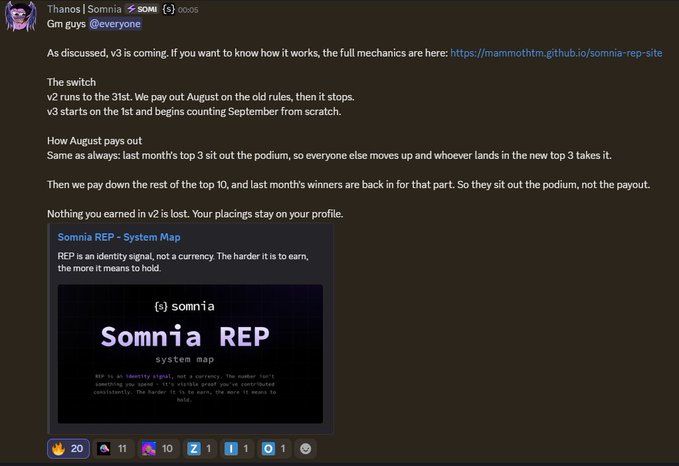 A Discord message from 'Thanos | Somnia' explaining the v3 Somnia REP system switch and payout mechanics, with a system map graphic.