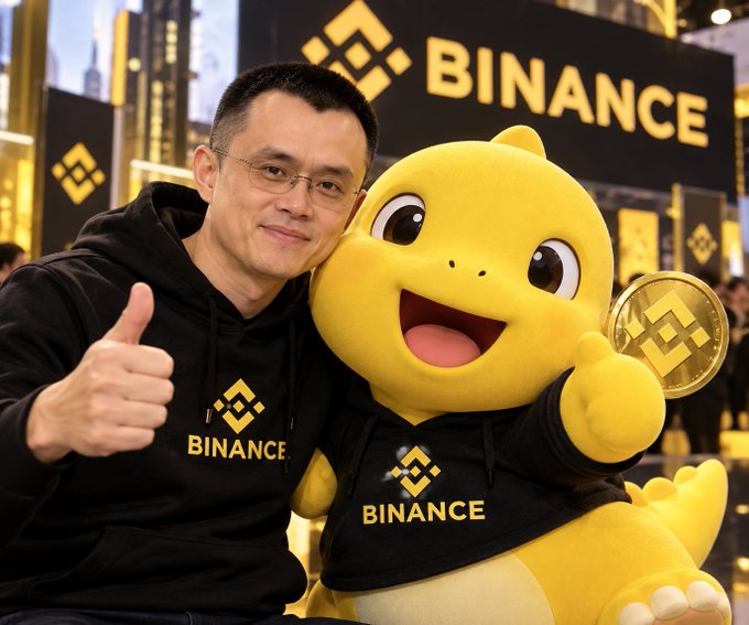 A man wearing glasses and a black Binance hoodie gives a thumbs-up next to a yellow Binance mascot holding a BNB coin at a Binance-branded event.