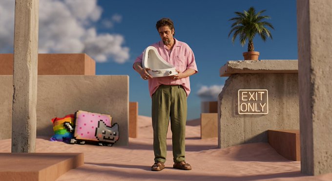 A man in a pink shirt holds a toilet in a surreal desert scene featuring a "EXIT ONLY" neon sign, a potted palm, and a Nyan Cat-style pixelated cat trailing rainbow—aligning with the post's playfully absurd NFT drop on @objktcom titled "100% Accidentally Directed."