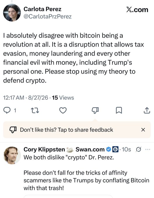 X.com post by Carlota Perez (@CarlotaPrzPerez) criticizing bitcoin, followed by a reply from Cory Klippsten (@Swan.com) defending Bitcoin.