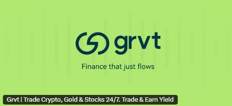 The image shows a GRVT logo on a green background with the tagline "Finance that just flows" and a banner reading "Grvt | Trade Crypto, Gold & Stocks 24/7. Trade & Earn Yield." This branding aligns with the post's announcement of GRVT's new Institutional-Grade Vaults (Balanced and Opportunistic) available with the early access code MOON.
