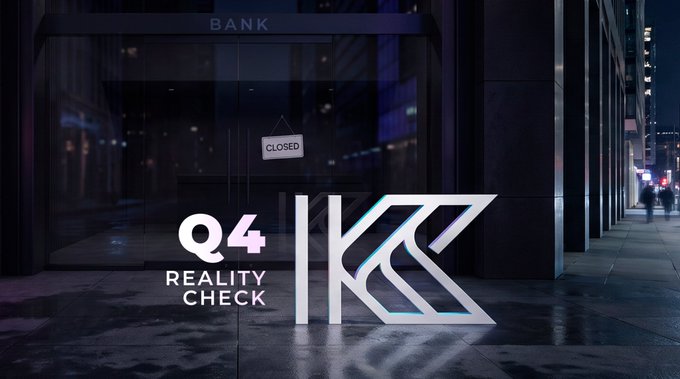 A closed bank storefront at night with a "CLOSED" sign displayed in the window, overlaid with the text "Q4 REALITY CHECK" alongside a stylized "K" logo, visually underscoring the post's frustration with banks still having closing hours while payments keep getting delayed in 2026.