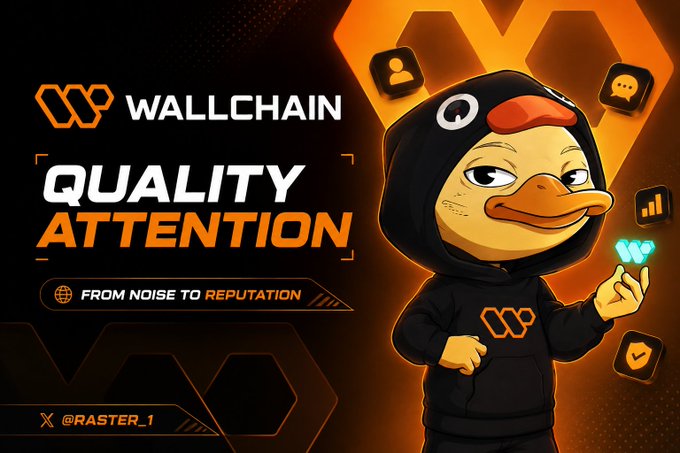 The image features a cartoon duck wearing a hoodie, standing against an orange background with various text elements such as "Wallchain", "Quality Attention", "From noise to reputation", and "Reputation is becoming more valuable than reach". The cartoon duck appears to be holding up a sign that says "quack weekend frens creators stop obsessing over likes the real question is: who’s paying attention?". This suggests that the post might be promoting or discussing the importance of quality attention in social media marketing, rather than focusing on the number of likes or followers.