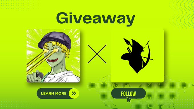 A bright green giveaway graphic features a "Giveaway" headline with two collaborating profiles shown as avatar icons: one depicting a character with laser eyes in a cap (DorianPepentice) and a black archer silhouette (RobinHub_xyz), separated by an "X" to denote their partnership. The image includes "LEARN MORE" and "FOLLOW" call-to-action buttons, visually promoting the 20 guaranteed spots giveaway mentioned in the post for community members who follow both accounts, like, and comment with their EVM wallet.