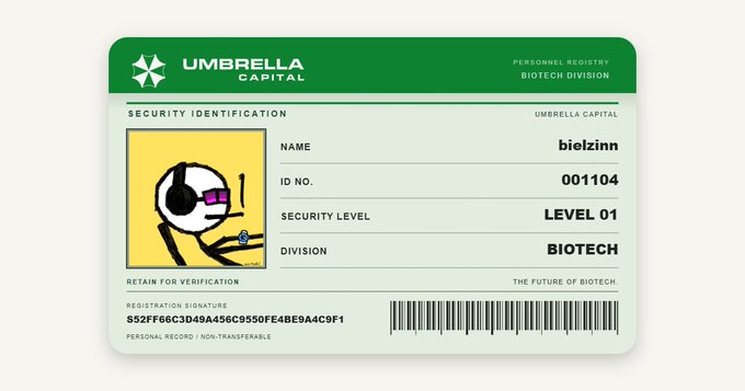An Umbrella Corporation security ID badge for 'bielzinn' (ID No. 001104), Security Level 01, Biotech Division, featuring the iconic umbrella logo and a barcode.