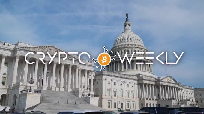 The image shows the U.S. Capitol building under a blue sky, overlaid with the stylized "CRYPTO WEEKLY" logo featuring a Bitcoin symbol. This imagery directly reinforces the post's announcement about a consortium of major financial institutions—including Goldman Sachs, Bank of America, Citigroup, Wells Fargo, Deutsche Bank, UBS, Fidelity, and WisdomTree—launching a dollar-pegged stablecoin by 2027, highlighting the intersection of traditional banking and government with cryptocurrency regulation.