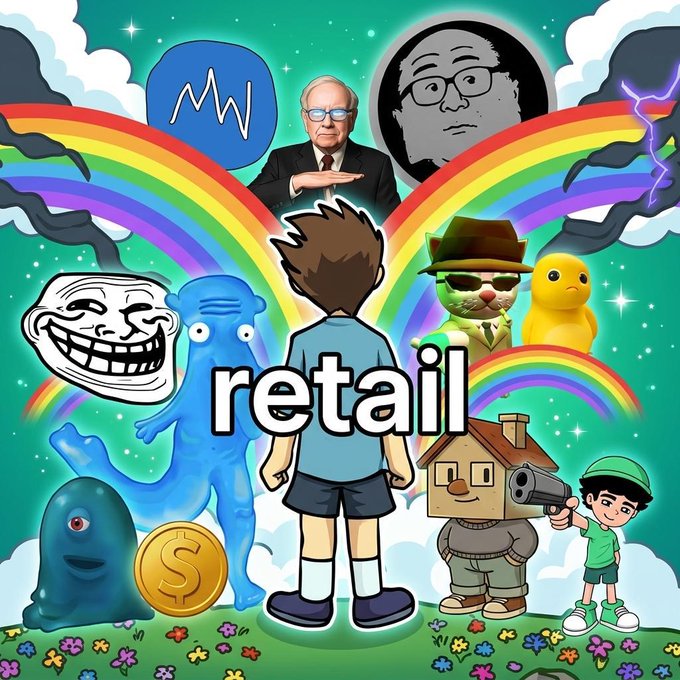 The image features a cartoon boy standing in front of a house, with a rainbow arching over him. The boy has a gun in his hand, which appears to be a toy gun. There are also other toys present in the scene, including a blue elephant and a yellow bird. The background is filled with various objects such as flowers, a house, and a rainbow. The image includes text that reads "RETAIL" and "focus on what is in the image".