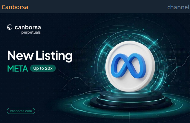 The image is a Canborsa promotional graphic announcing a new perpetual listing for the META token, featuring the Meta infinity logo on a futuristic platform with "Up to 20x" leverage text, aligning with the post's announcement of onchain AI x metaverse trading via canborsa's perp DEX.