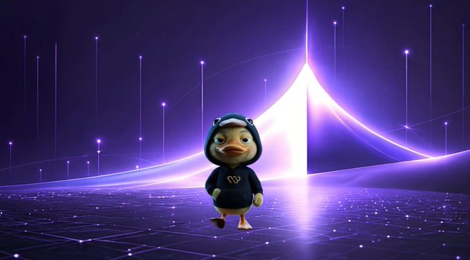 A small animated duck mascot wearing a hoodie walks across a futuristic purple grid landscape with glowing vertical light beams, symbolizing the creator's journey through digital campaign dashboards. The image evokes the "quiet evening scrolling" mentioned in the post, framing the mascot as a lone explorer navigating the crypto creator economy.