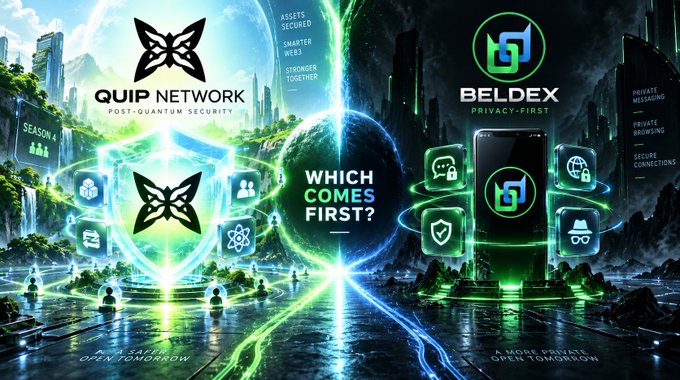 A promotional graphic compares QUIP NETWORK (Post-Quantum Security) and BELDEX (Privacy-First) cryptocurrencies with the question "WHICH COMES FIRST?" in the center.