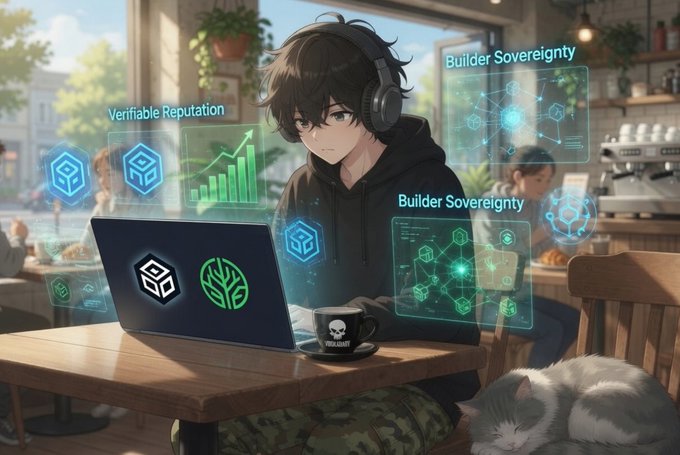 An anime-style developer wearing headphones works on a laptop displaying crypto and network logos, surrounded by glowing holographic panels labeled "Verifiable Reputation" and "Builder Sovereignty." The image visually embodies the post's theme of shifting Web3 value from attention to verifiable contribution, illustrating how @NucleusCodes enables developers to build reputation through meaningful creation rather than hype.