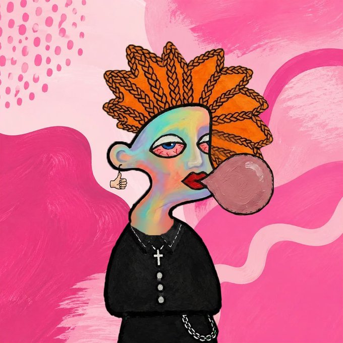 A vibrant pop-art style painting features a figure with orange braided hair blowing a pink bubblegum bubble against a bold pink background.