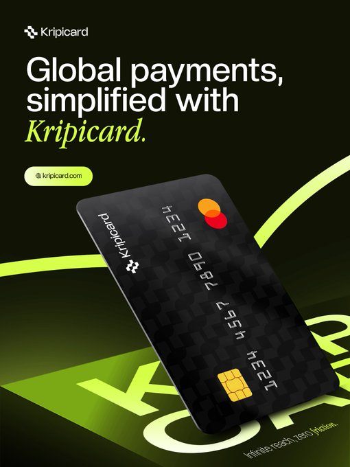 An advertisement for 'Kripicard' features a black credit card with a Mastercard logo against a dark green and lime green background, with the tagline 'Global payments, simplified with Kripicard.' and 'kripicard.com'.