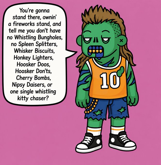 A cartoon zombie character with a green mohawk wearing a #10 jersey delivers a long speech about various fireworks including Whistling Bungholes, Spleen Splitters, and Cherry Bombs.