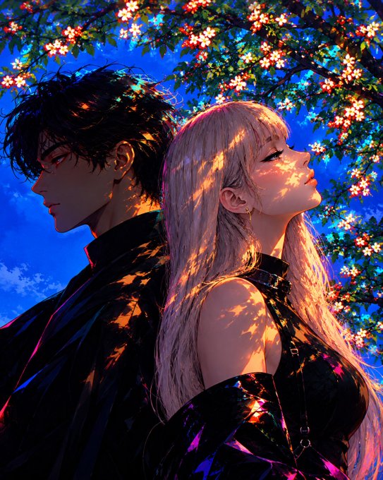 An anime-style digital illustration of a dark-haired man and a blonde woman, both wearing black leather outfits, standing back-to-back under a canopy of pink and white blossoms against a blue sky.