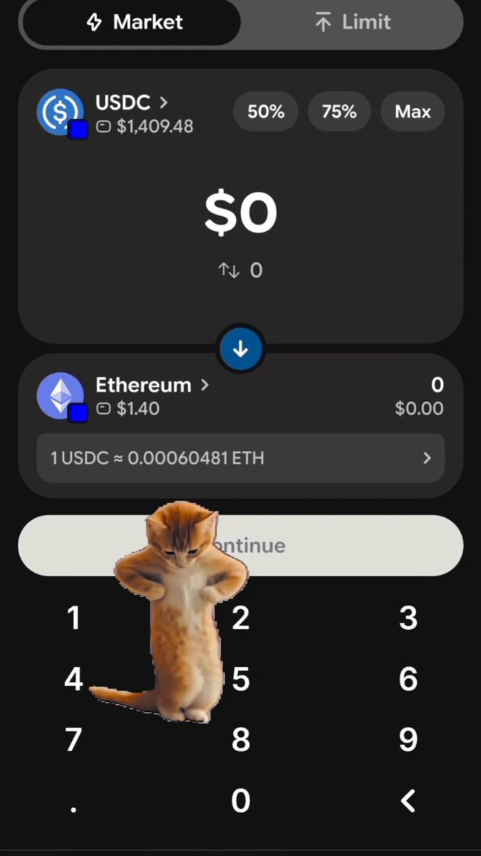 The image shows a cell phone screen with an app icon, which appears to be a trading app for Etherium. The app has a cat sticker on its bottom left corner. On the right side of the screen, there are two buttons labeled "set limit orders" and "0". These buttons are currently empty.