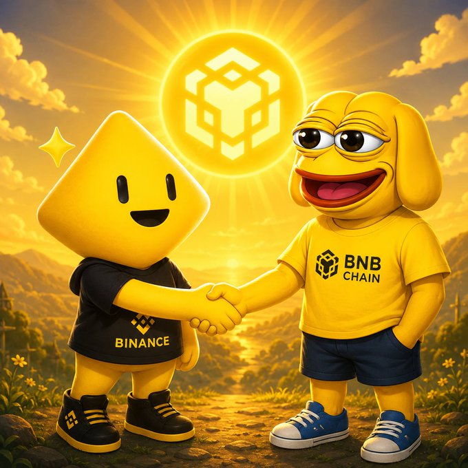 An AI-generated illustration showing the Binance and BNB Chain mascots shaking hands with a glowing BNB logo in the background.