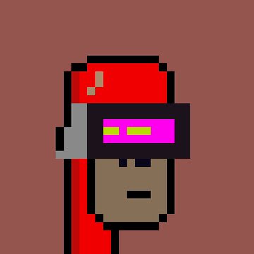 Pixel art illustration of a character wearing a red and gray cap, futuristic magenta-lensed glasses, and a red hood or scarf against a brown background.