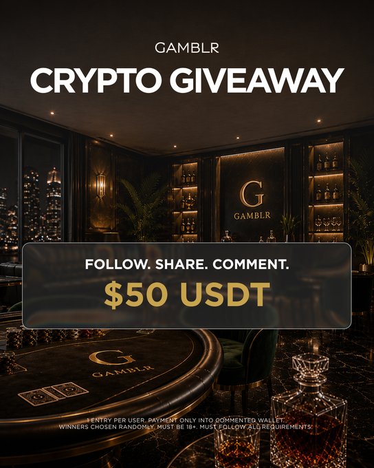 The post appears to be promoting a Bitcoin gambling event. The poster features a casino-like atmosphere with several wine bottles displayed on tables, and there are also chairs placed around the room. A black background complements the overall theme of the post. The main focus is on the $50 USDT giveaway offer, encouraging users to like, share, or comment on the post for their chance to win. Additional text indicates that the post was created by Gamblr and features a user named @Gamblr_io.