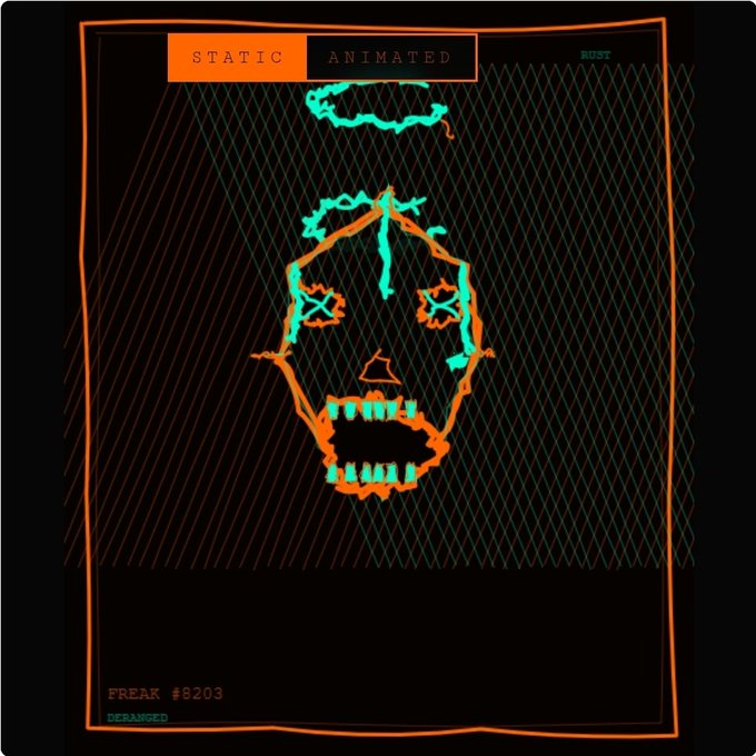 A hand-drawn skull NFT labeled "FREAK #8203 DERANGED" with toggles for "STATIC" and "ANIMATED" displayed, illustrating how ERC-6551 transforms NFTs into programmable entities with on-chain agency and ownership, as referenced by @freaksone1.