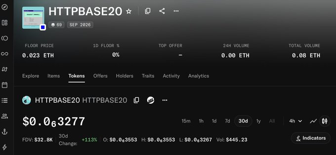 A screenshot of an NFT marketplace page for the HTTPBASE20 collection, showing a floor price of 0.023 ETH, 24H volume of 0.00 ETH, and a 30-day token price chart with a value of $0.063277 and +113% change.