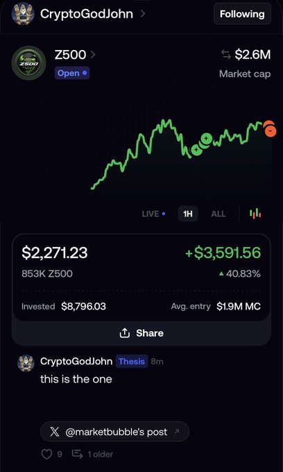 A screenshot of CryptoGodJohn's X account showing his Z500 token portfolio with a $2,271.23 value, plus $3,591.56 gain (40.83%), and $8,796.03 invested at an average entry of $1.9M market cap, captioned "this is the one" just 8 minutes before apparent selling. The image supports the criticism by visually showing the influencer's large position and the exact timing of his promotional post before dumping his holdings.