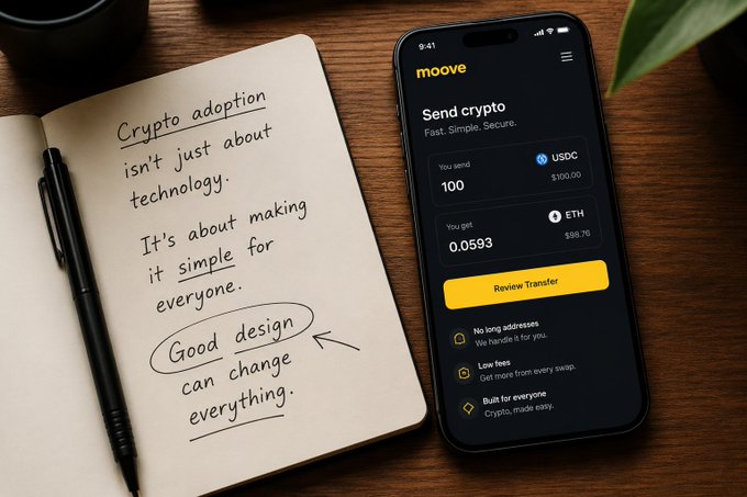 The image shows a cell phone displaying information about a cryptocurrency exchange called @moovexyz. The phone's screen displays a message encouraging users to "Good Design Can Reduce Complexity", suggesting that the app could be designed with simplicity and ease of use in mind, making it more appealing for new users who may not have extensive knowledge or experience with crypto exchanges.

The cell phone is placed on top of an open notebook, which has a pen resting on its pages. The scene suggests that someone might be taking notes about the app's features or benefits while using their phone to explore the cryptocurrency world.