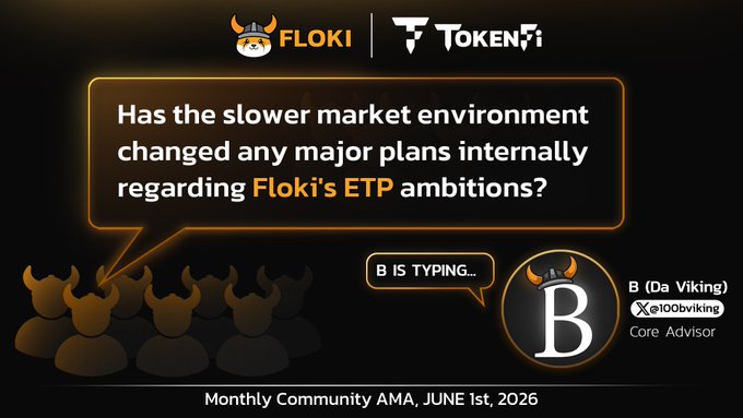 The image shows a post about Floki, which is a cryptocurrency exchange. It has an orange speech bubble with text that says "has the slower market environment changed any major plans INTERNALLY regarding Fokki's ETP ambitions?" The post also mentions that the ETP is still happening and that people are waiting for the right market conditions instead of forcing a launch into weak liquidity.
